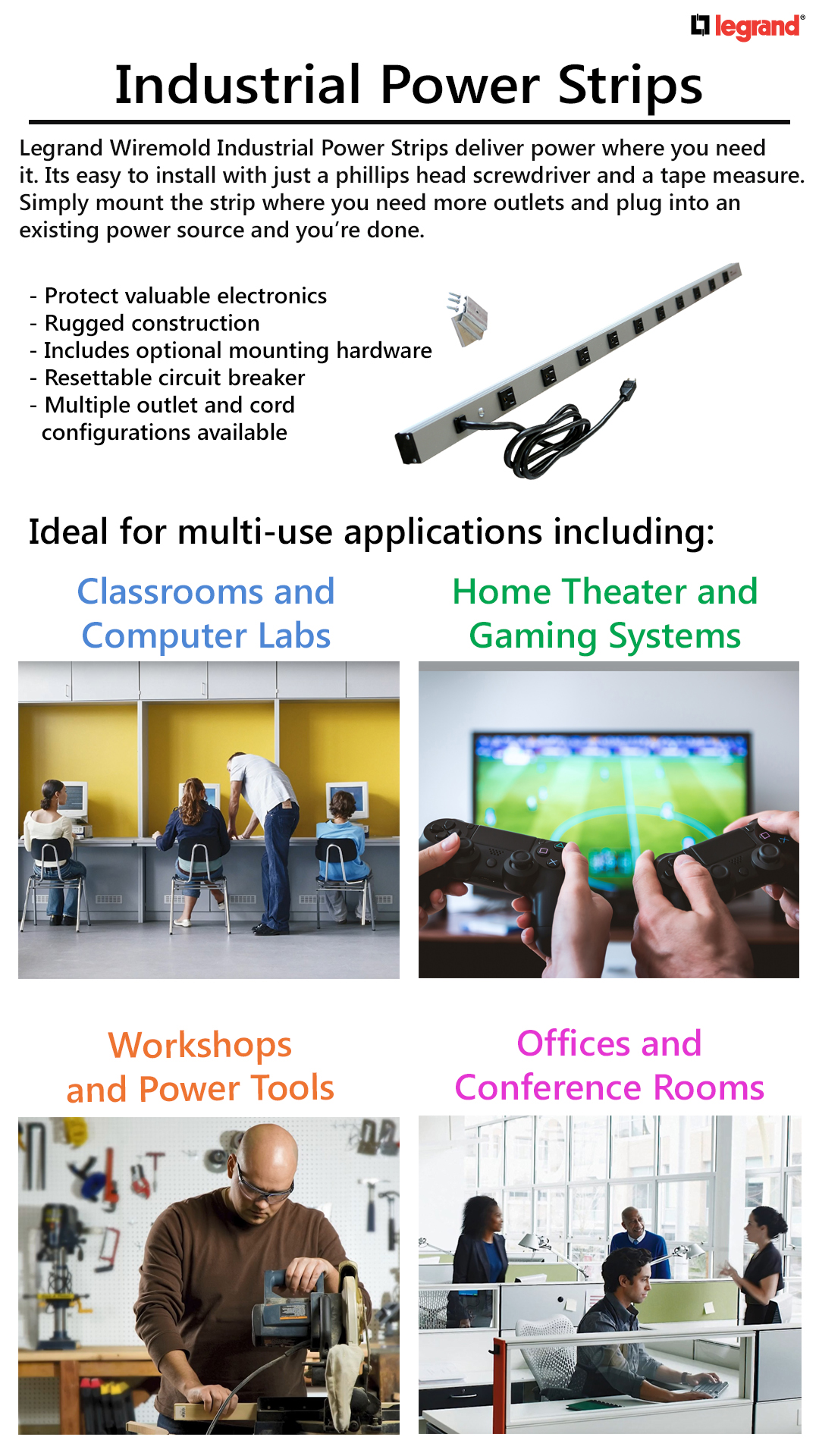 12Outlet 15Amp Industrial Power Strip with Lighted On/Off Switch, 6 ft. CordUL2064BC The